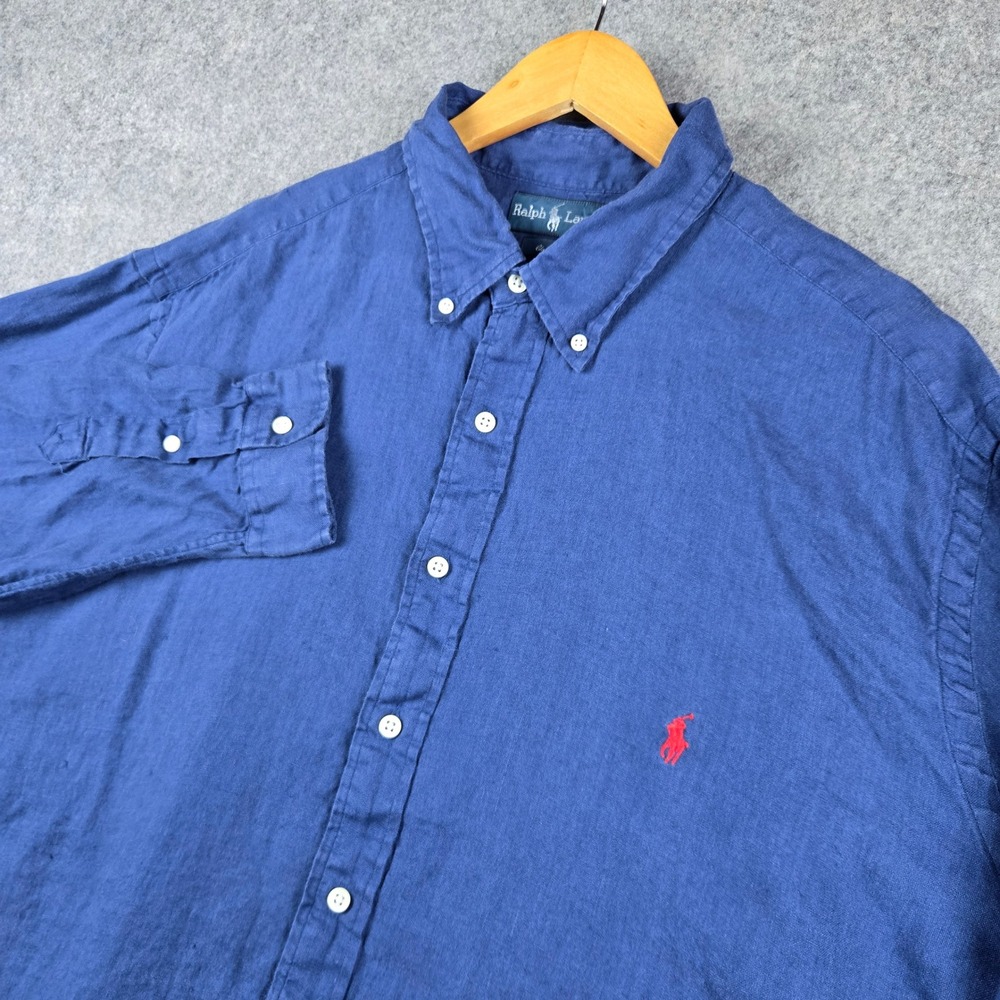 Ralph Lauren Linen Button Down Mens 2XB Blue Classic Fit Pony Logo Long Sleeve